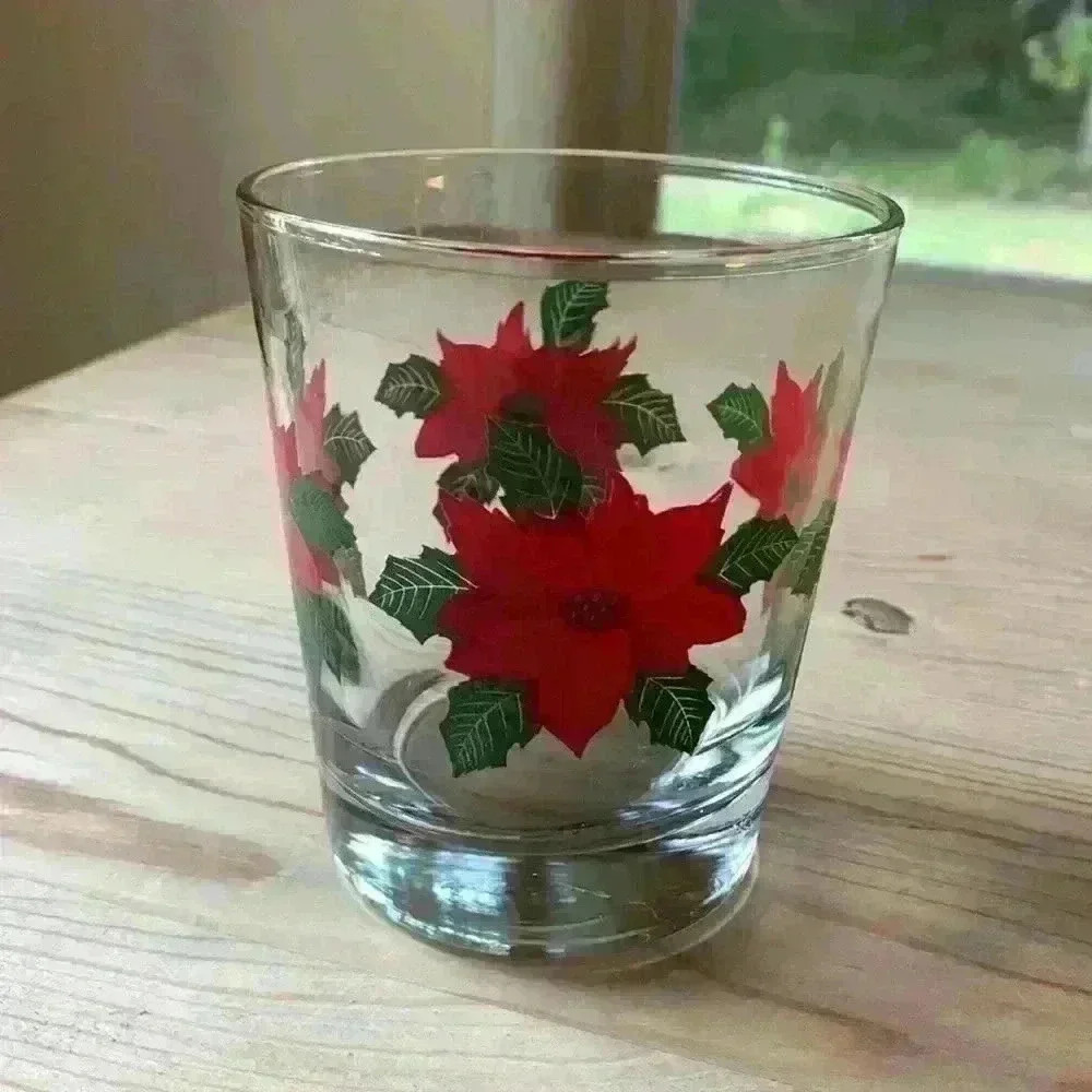 Vintage Christmas Anchor Hocking Poinsettia Rocks Glasses Set of 4 - Picture 2 of 6